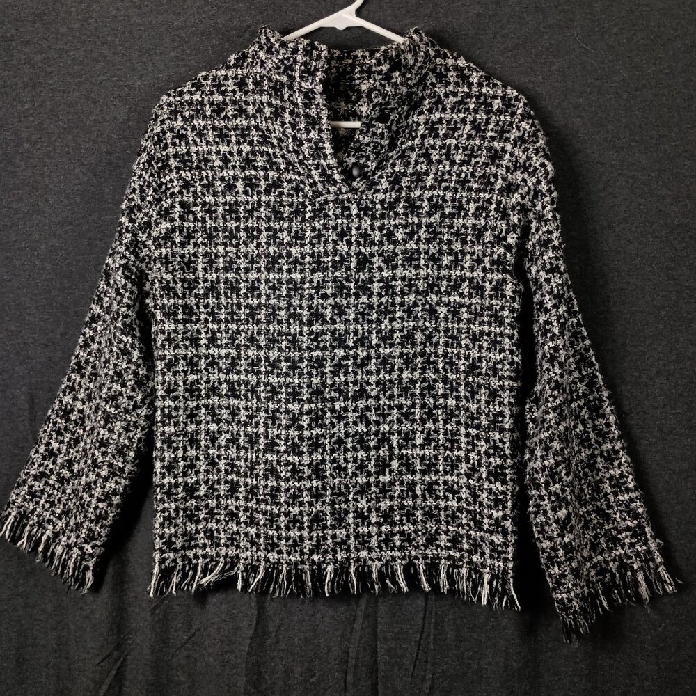 Zara Boucle Tweed Sweater Top Fringe Womens S Black White Academia Quiet Luxury